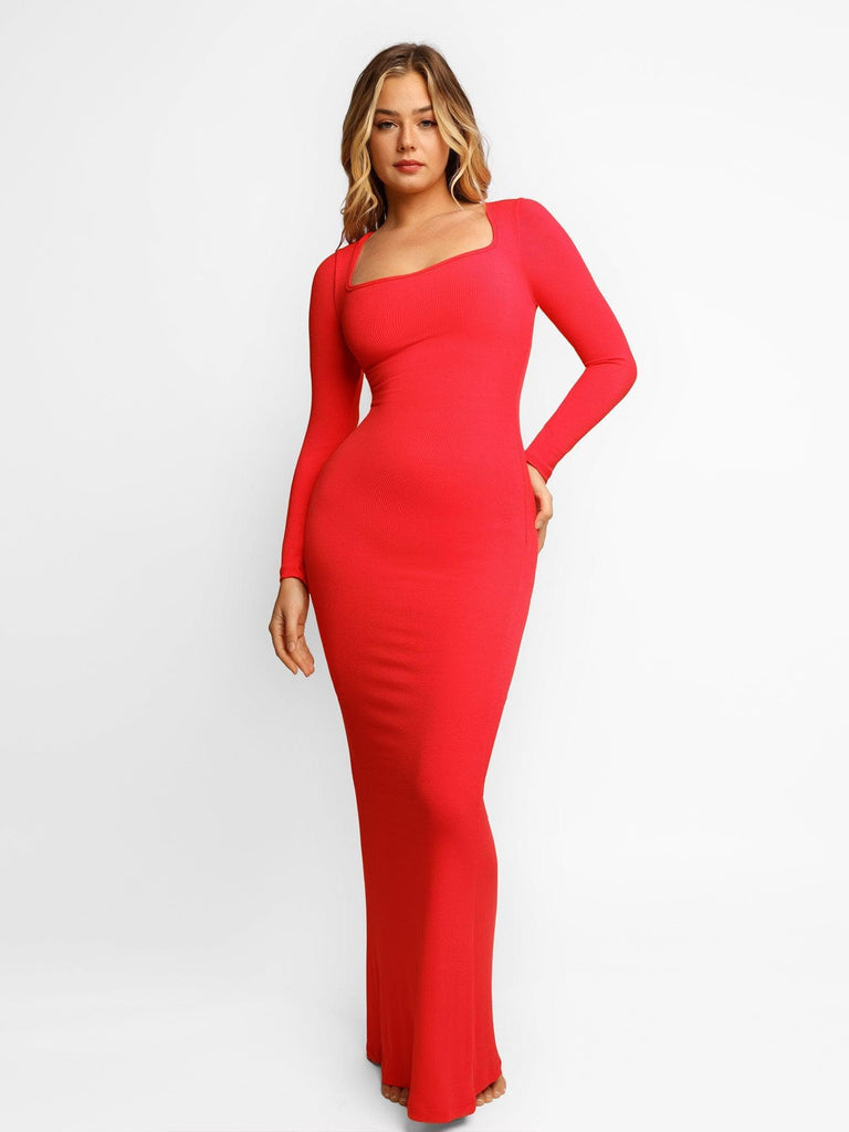 Popilush Bodycon Dress Long Sleeve Maxi Dress / Red/Coral / S Built-In Shapewear Modal Lounge Dresses