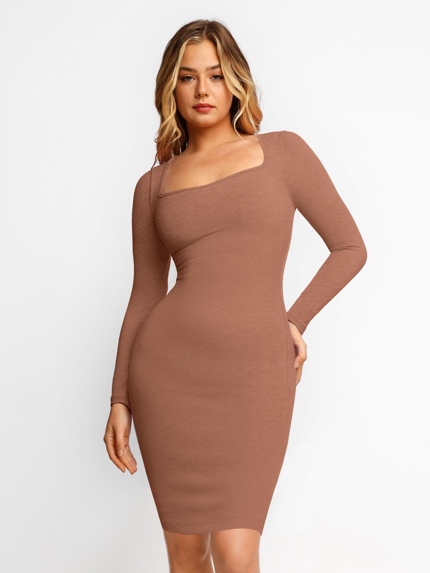 Tummy Control Dress Popilush Shapewear Midi Dress  Tummy Control Bodycon  With Built-In Bra, Ruched Design Women's Shapewear Midi Dress