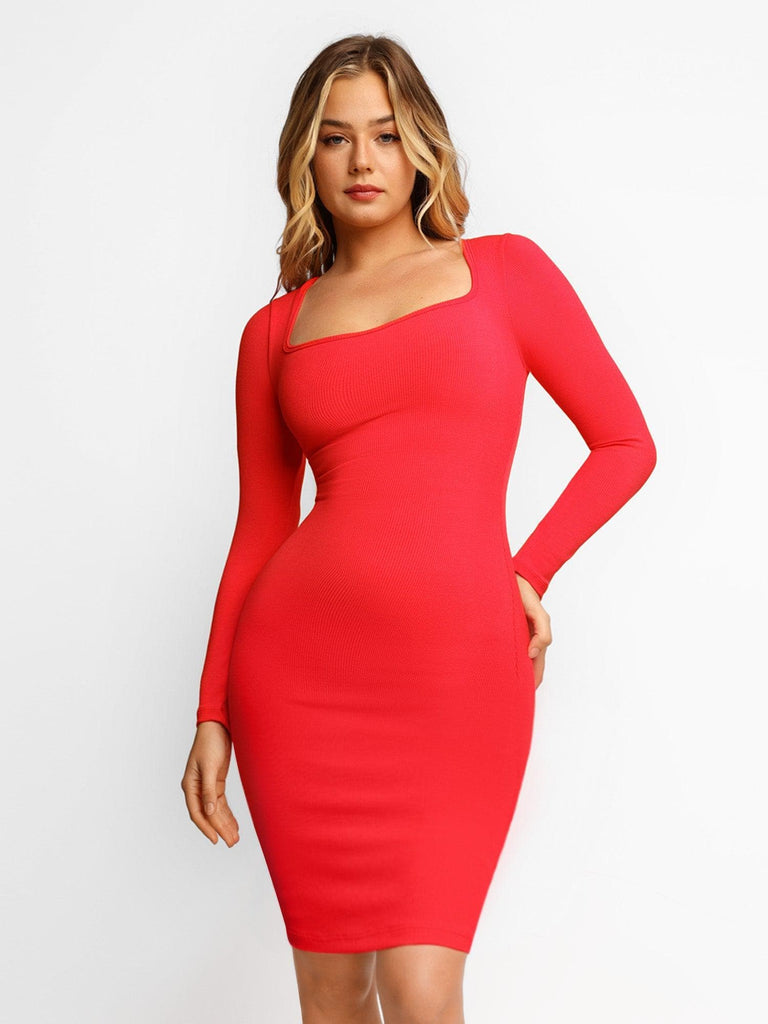 Popilush Bodycon Dress Long Sleeve Midi Dress / Red/Coral / S Built-In Shapewear Modal Lounge Dresses