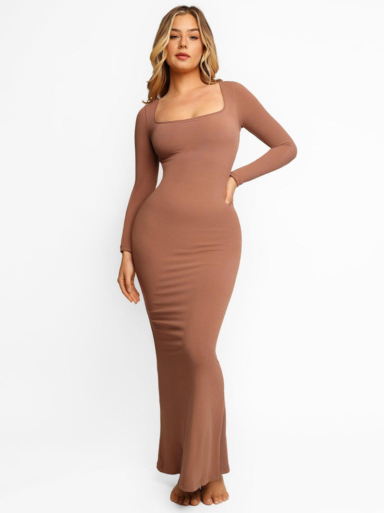 Popilush Bodycon Dress Long Sleeve Maxi Dress / Brown / S Built-in Shapewear Modal Soft Lounge Dresses