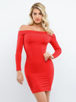 Red long-sleeve off-shoulder shapewear dress.