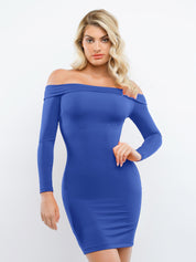 Popilush? Long Sleeve Midi Dress / Blue / S Built-In Shapewear Off Shoulder Dresses