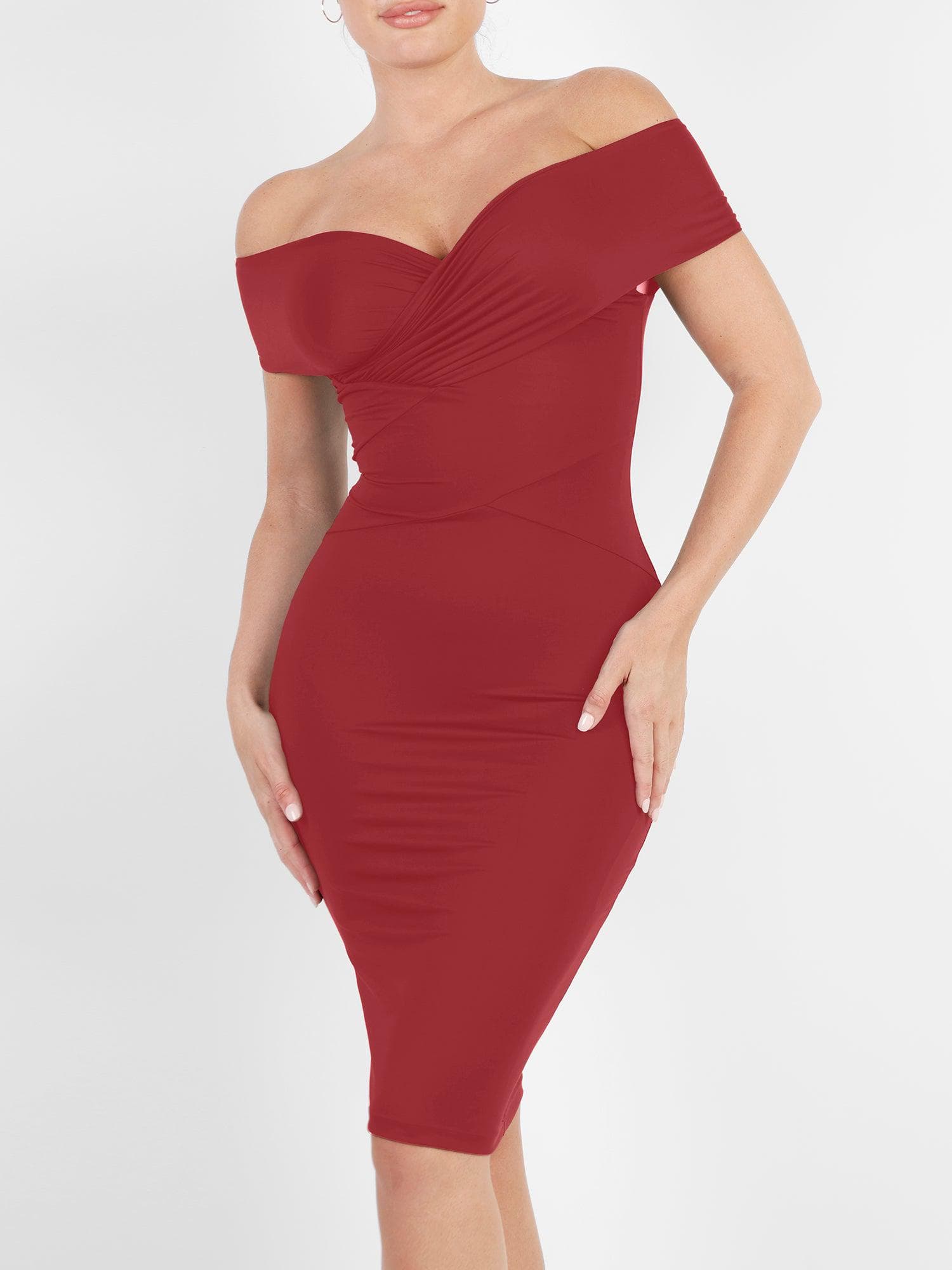 Popilush? Midi Dress / Red / S Built-In Shapewear Off Shoulder Dresses
