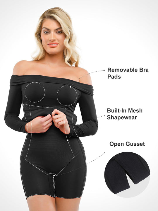Black shapewear dress by Popilush®: Removable bra pads, built-in shapewear, open gusset.
