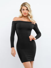 Popilush® Formal Bodycon Party Winter Dress Black / XS Built-In Shapewear Off Shoulder Long Sleeve Midi Dress