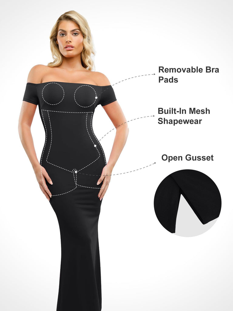 Popilush® Formal Bodycon Party Summer Dress Built-In Shapewear Off Shoulder Maxi Dress