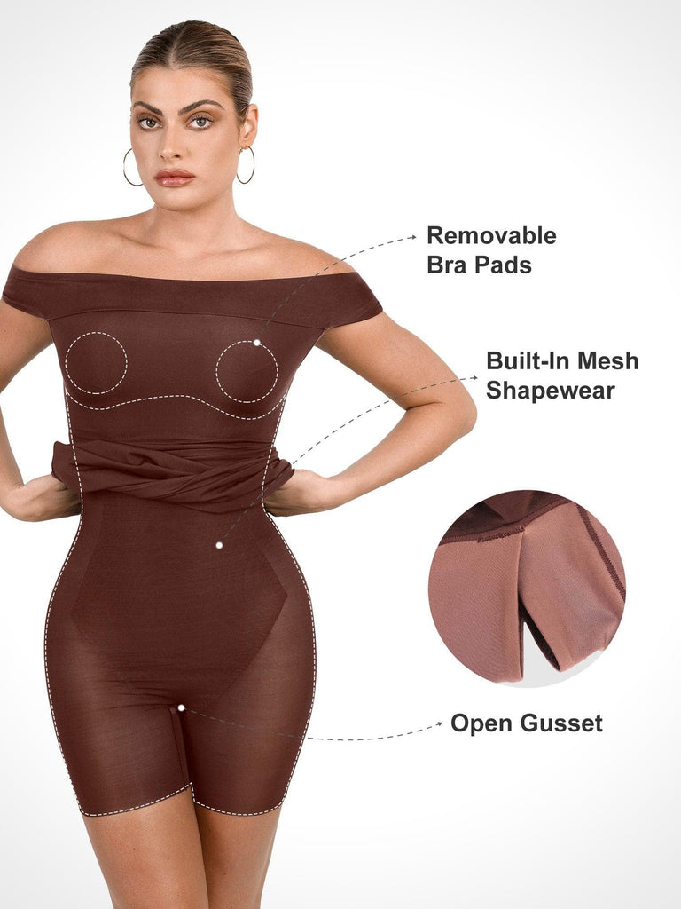 Popilush® Formal Bodycon Party Summer Dress Built-In Shapewear Off Shoulder Mini Dress