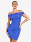 Popilush blue built-in shapewear off-shoulder bodycon mini dress.