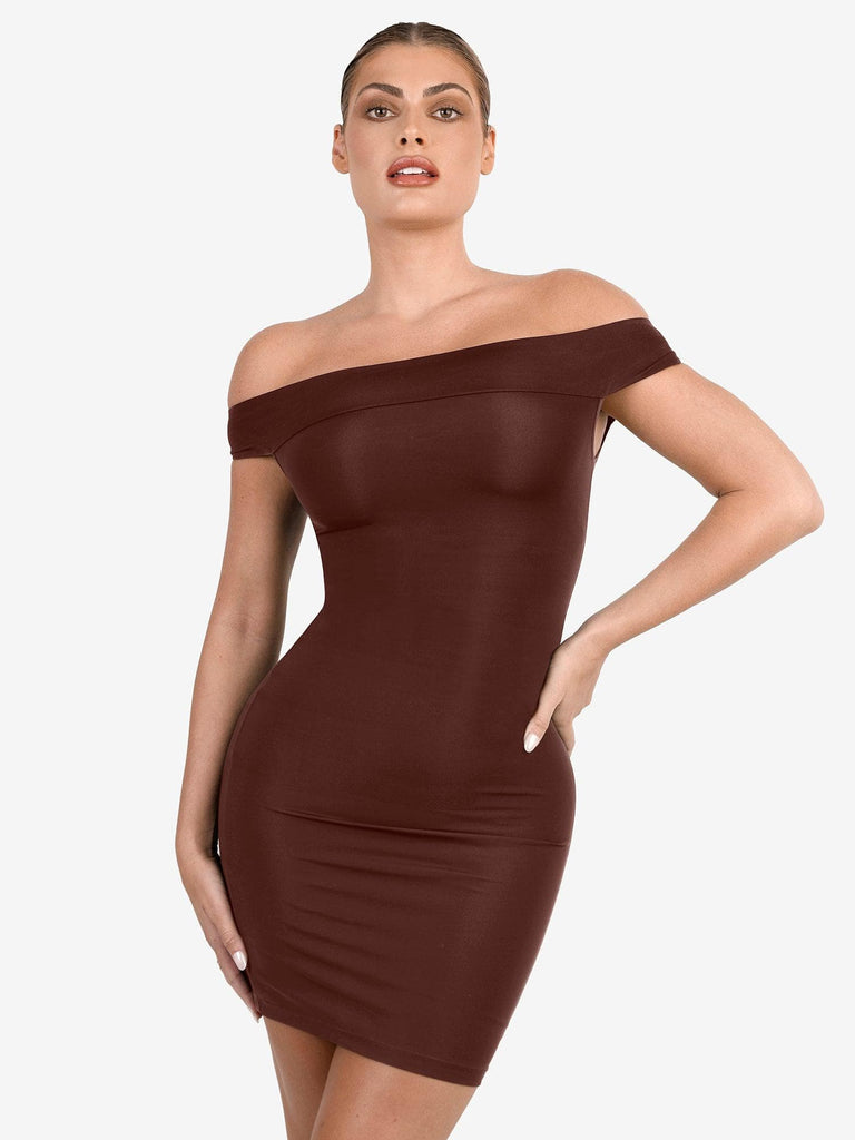 Popilush® Brown / S Built-In Shapewear Off Shoulder Mini Dress