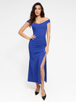 Off-shoulder slimming maxi dress in blue with a side slit and integrated shapewear.
