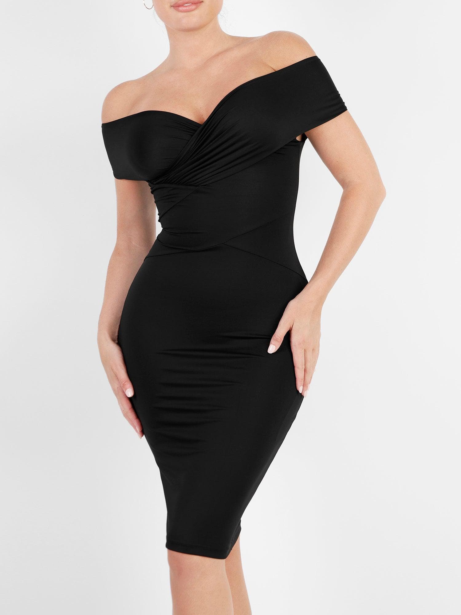 The Shapewear Dress Off Shoulder V-Neck Ruched Midi – Popilush®