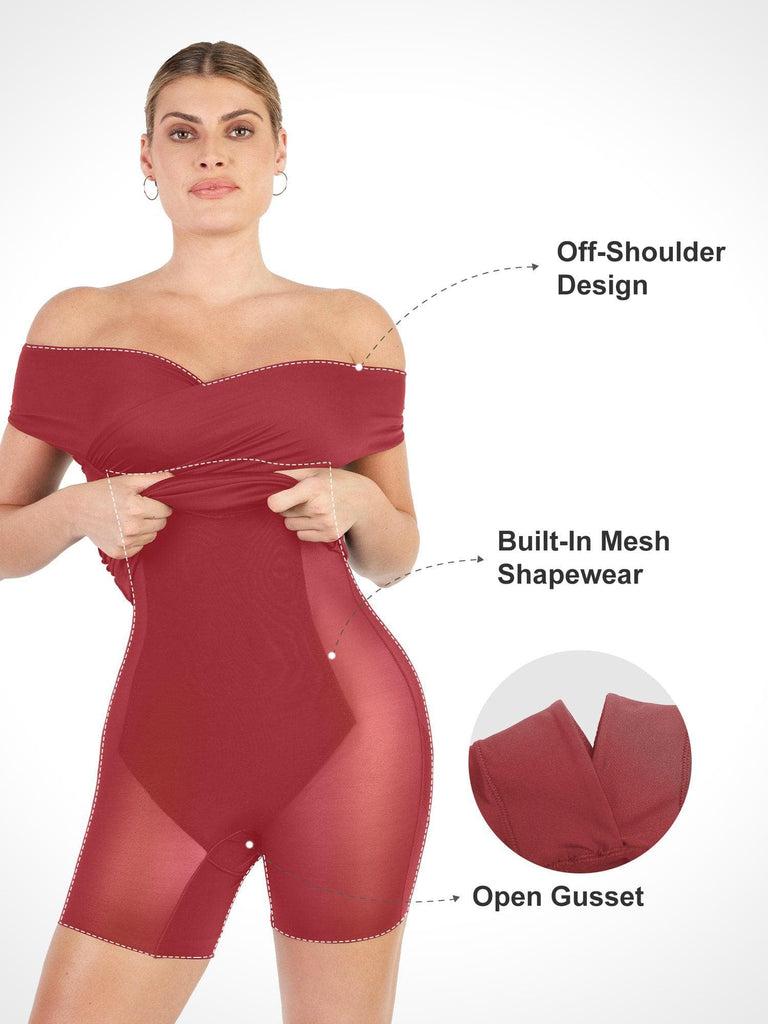 Popilush® Formal Bodycon Party Summer Dress Built-In Shapewear Off Shoulder V-Neck Ruched Midi Dress