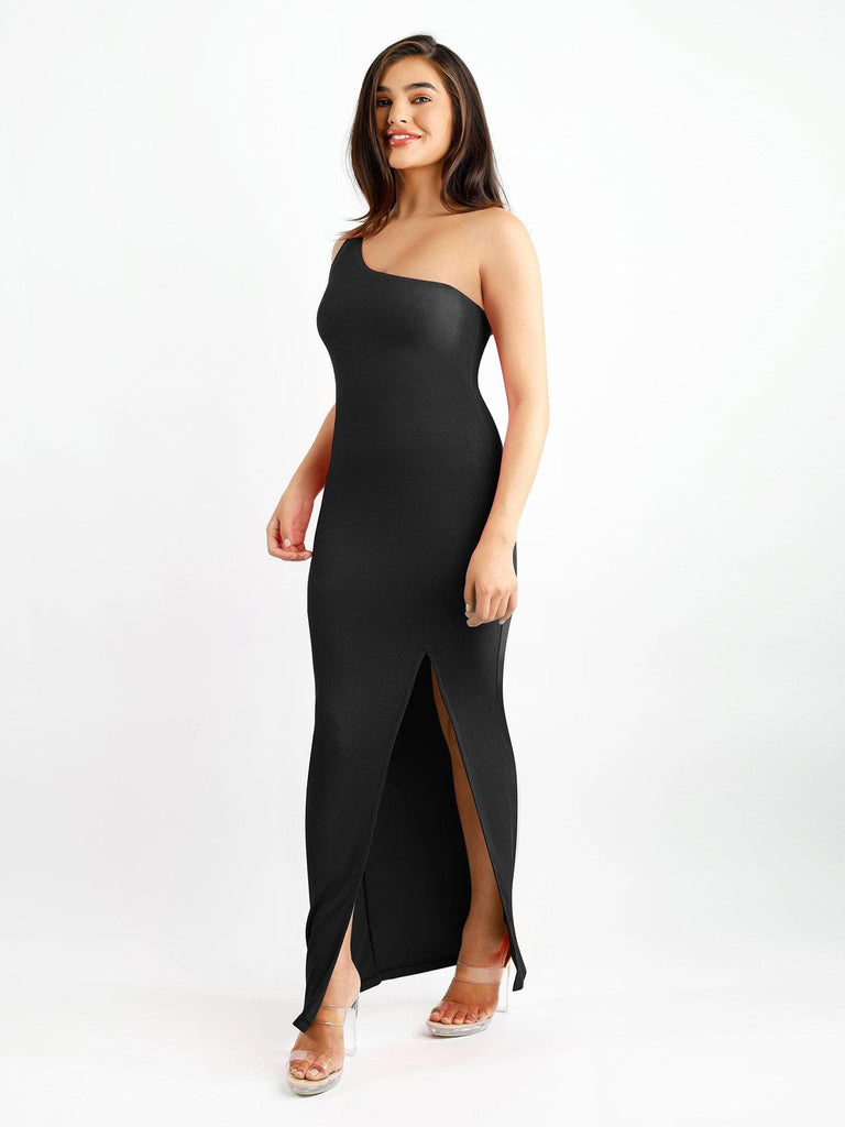 Popilush® Formal Bodycon Party Dress Built-In Shapewear One Shoulder Split Modal Maxi Dress