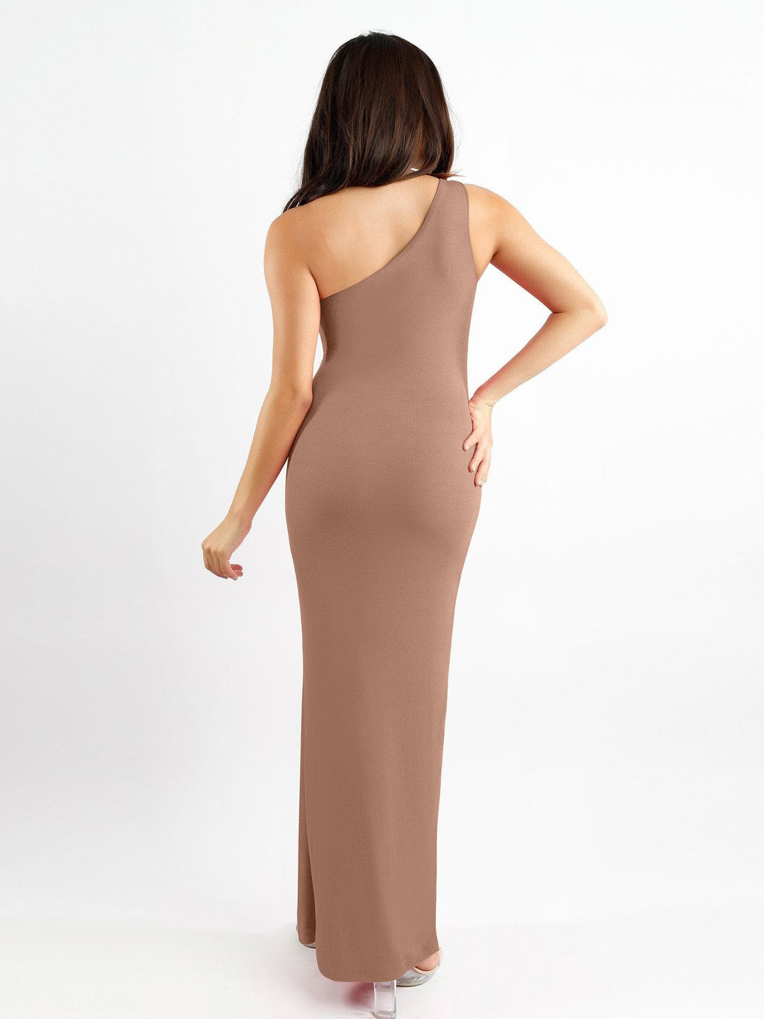 shapewear one shoulder dress CurvySweet Women's Sexy One Shoulder Satin High Split Cocktail Fit Wedding Party Maxi Formal Dress with Built-in Shapewear Bra & Ruched Mesh