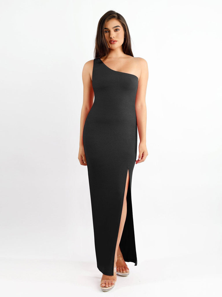 Popilush® Formal Bodycon Party Dress Black / S Built-In Shapewear One Shoulder Split Modal Maxi Dress