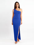 Royal blue one-shoulder modal maxi dress with high slit and built-in shapewear.