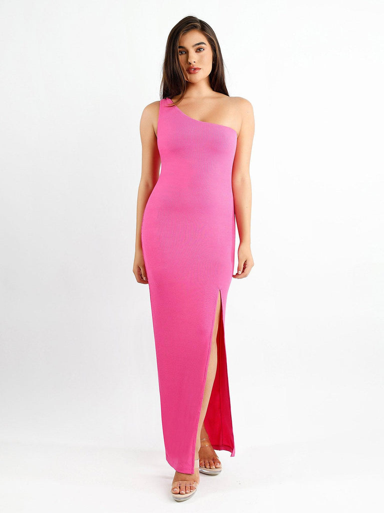 Popilush® Formal Bodycon Party Summer Dress Pink / S Built-In Shapewear One Shoulder Split Modal Maxi Dress