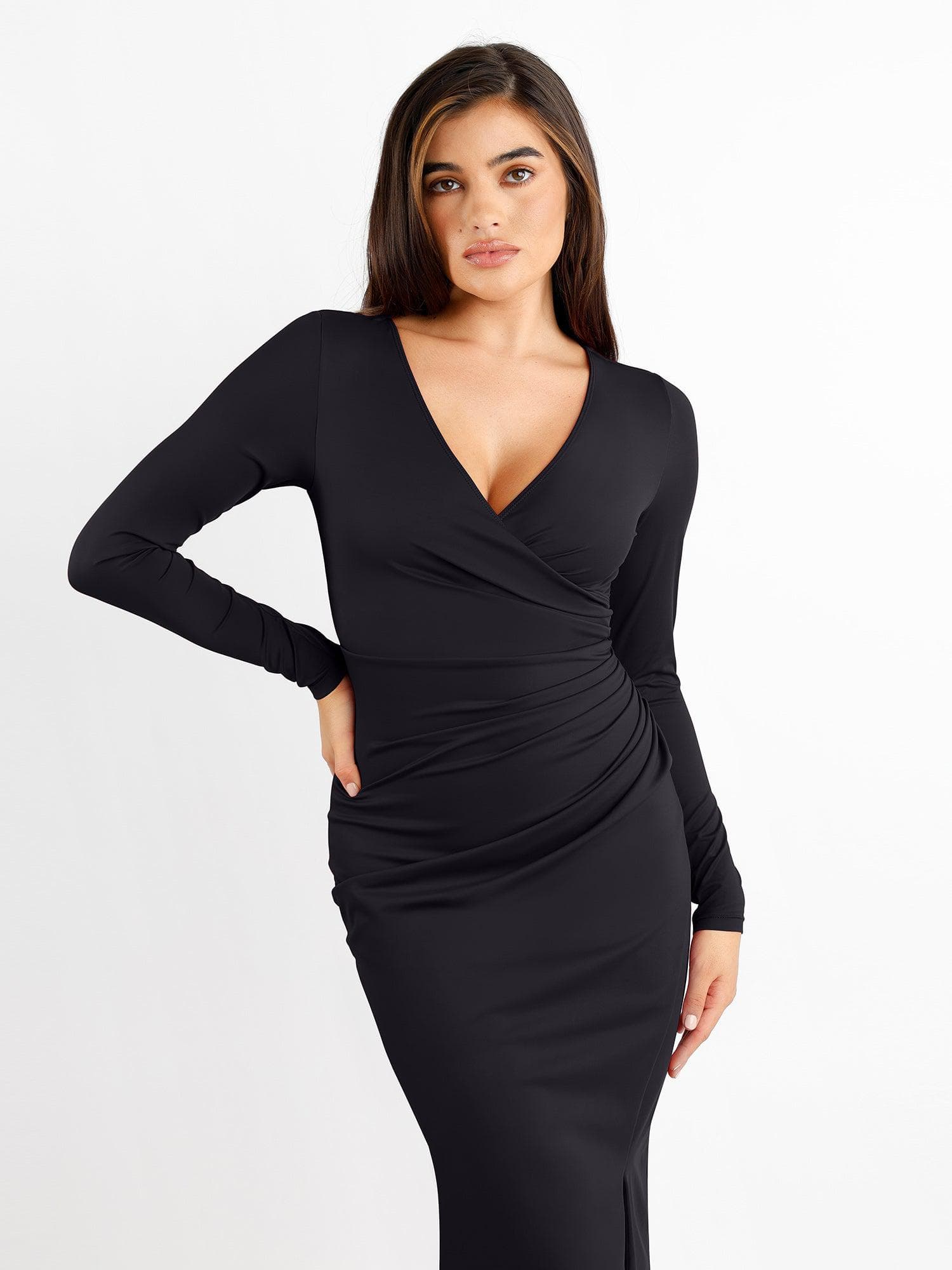 Long Sleeve Ruched Side Split Midi Dresses