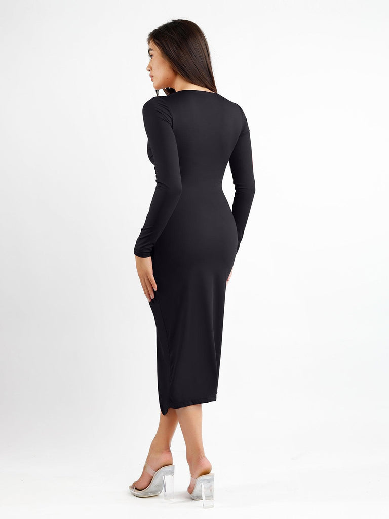 Popilush® Formal Bodycon Party Dress Built-In Shapewear Ruched Long Sleeve Split Midi Dress