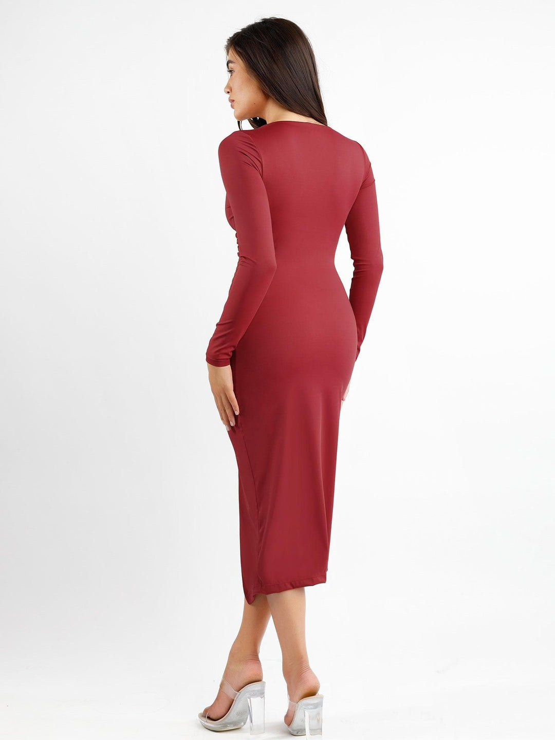 Ruched Long-Sleeve Shapewear Midi Dress | Slimming Wrap - Popilush Ruched Long-Sleeve Shapewear Midi Dress | Slimming Wrap - Popilush