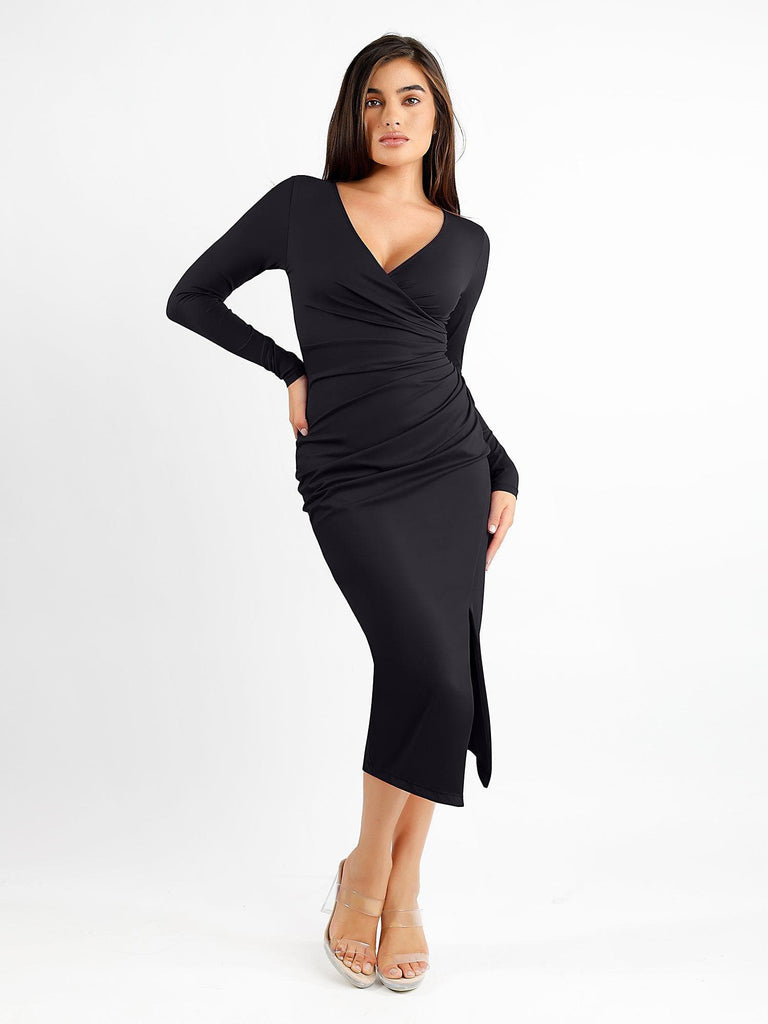 Popilush® Formal Bodycon Party Dress Black / S Built-In Shapewear Ruched Long Sleeve Split Midi Dress