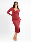 Wine red long sleeve ruched midi dress with faux wrap V-neck and side slit, built-in shapewear.