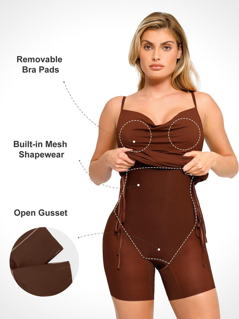 Popilush® Bodycon Shaping Slip Dress Summer Built-In Shapewear Ruched Slip Modal Mini Dress