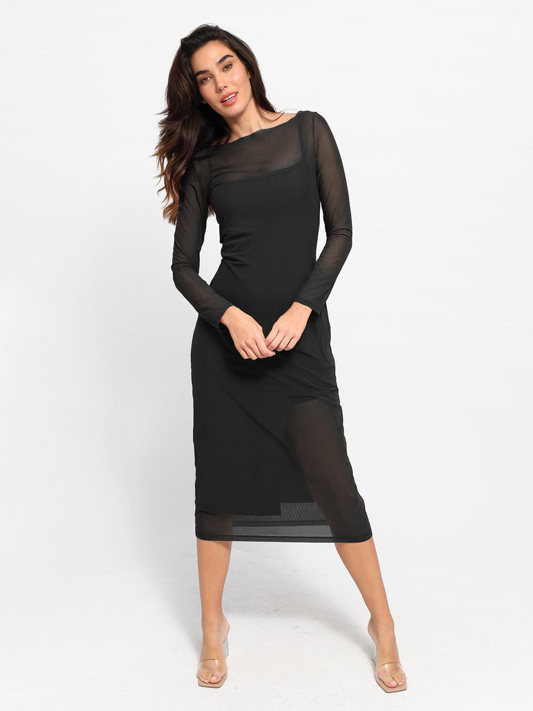 Popilush® Formal Bodycon Party Summer Dress Built-In Shapewear Sheer Mesh Slip Split Midi Dress