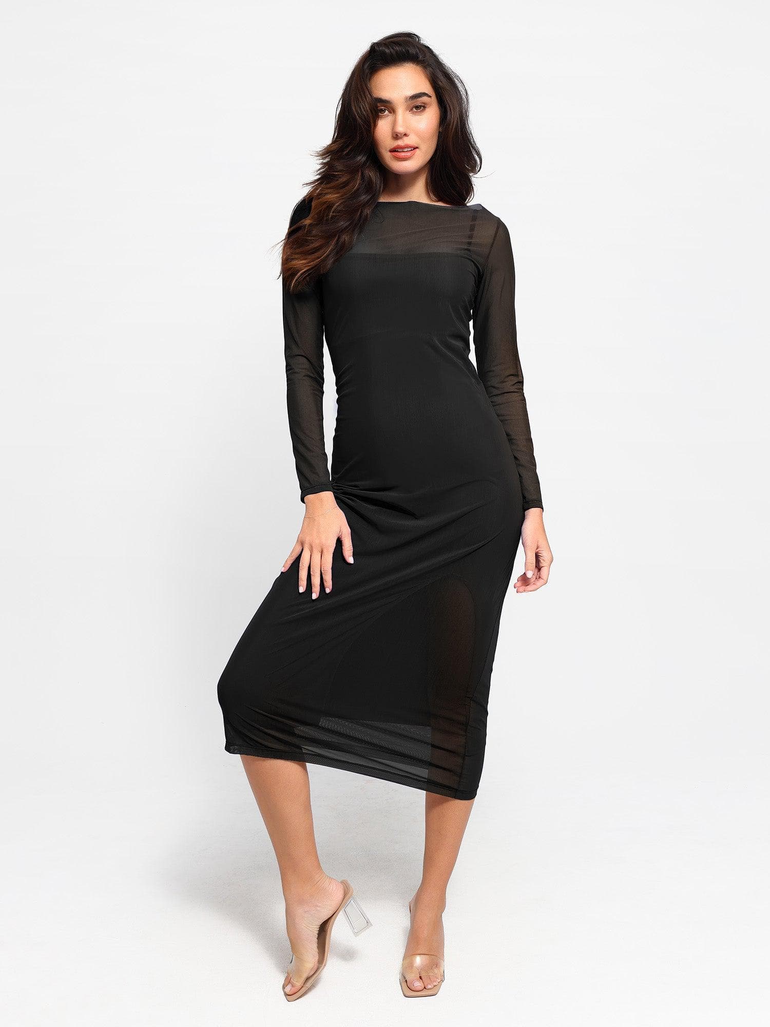 The Shapewear Dress Set Sheer Mesh Slip Split Midi – Popilush®