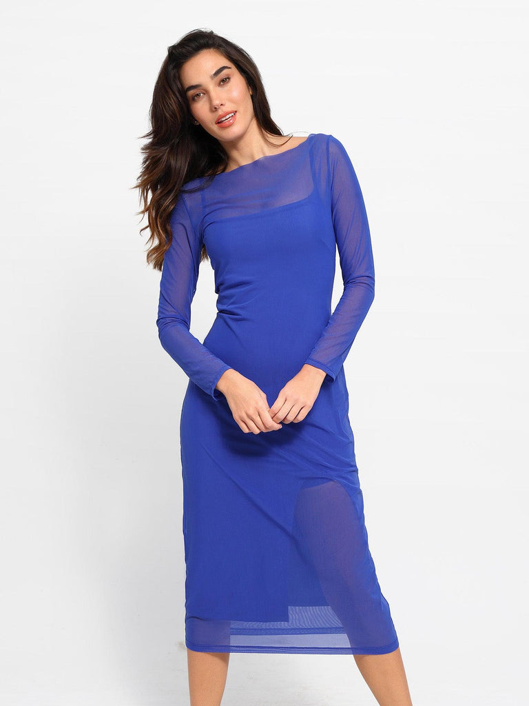 Popilush® Formal Bodycon Party Summer Dress Built-In Shapewear Sheer Mesh Slip Split Midi Dress Set