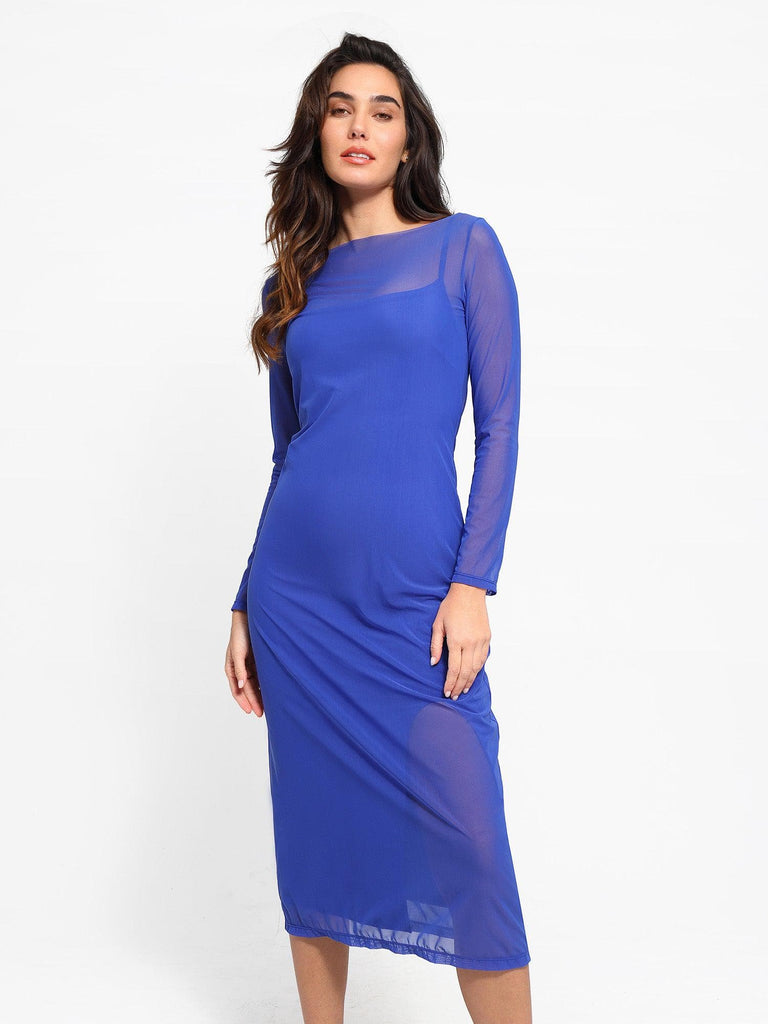 Popilush® Formal Bodycon Party Summer Dress Blue / S Built-In Shapewear Sheer Mesh Slip Split Midi Dress Set