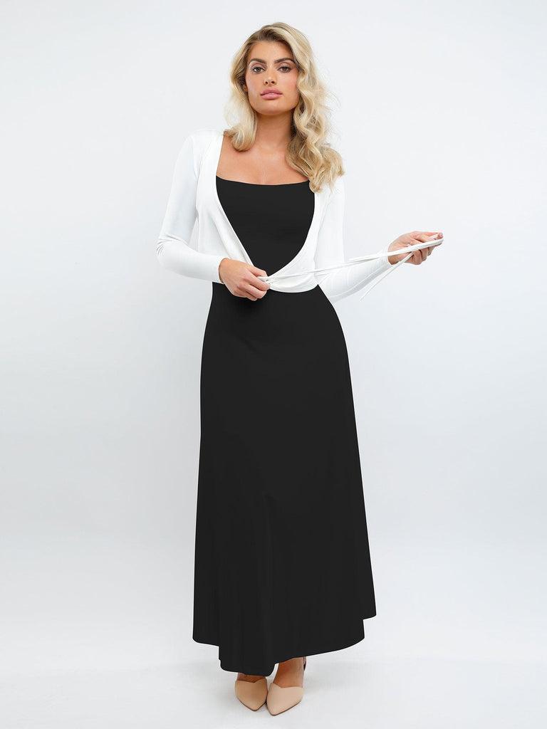 Popilush® Long-Sleeve Cardigan 2 Piece Outfit Built-In Shapewear Sleeveless Maxi Dress Or Set