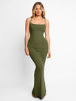 Ribbed modal army green shapewear maxi slip dress with spaghetti straps. Slimming fit.