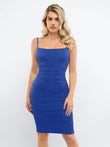Blue midi dress with ruched detailing, from Popilush®. A perfect dress for any occasion.