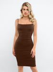 Popilush brown ruched bodycon midi slip dress with built-in shapewear