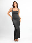 Popilush black bodycon shine maxi slip dress with built-in shapewear.
