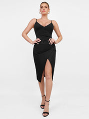Popilush Black / S Built-in Shapewear Sexy Slip V-neck Slit Tight Midi Dress