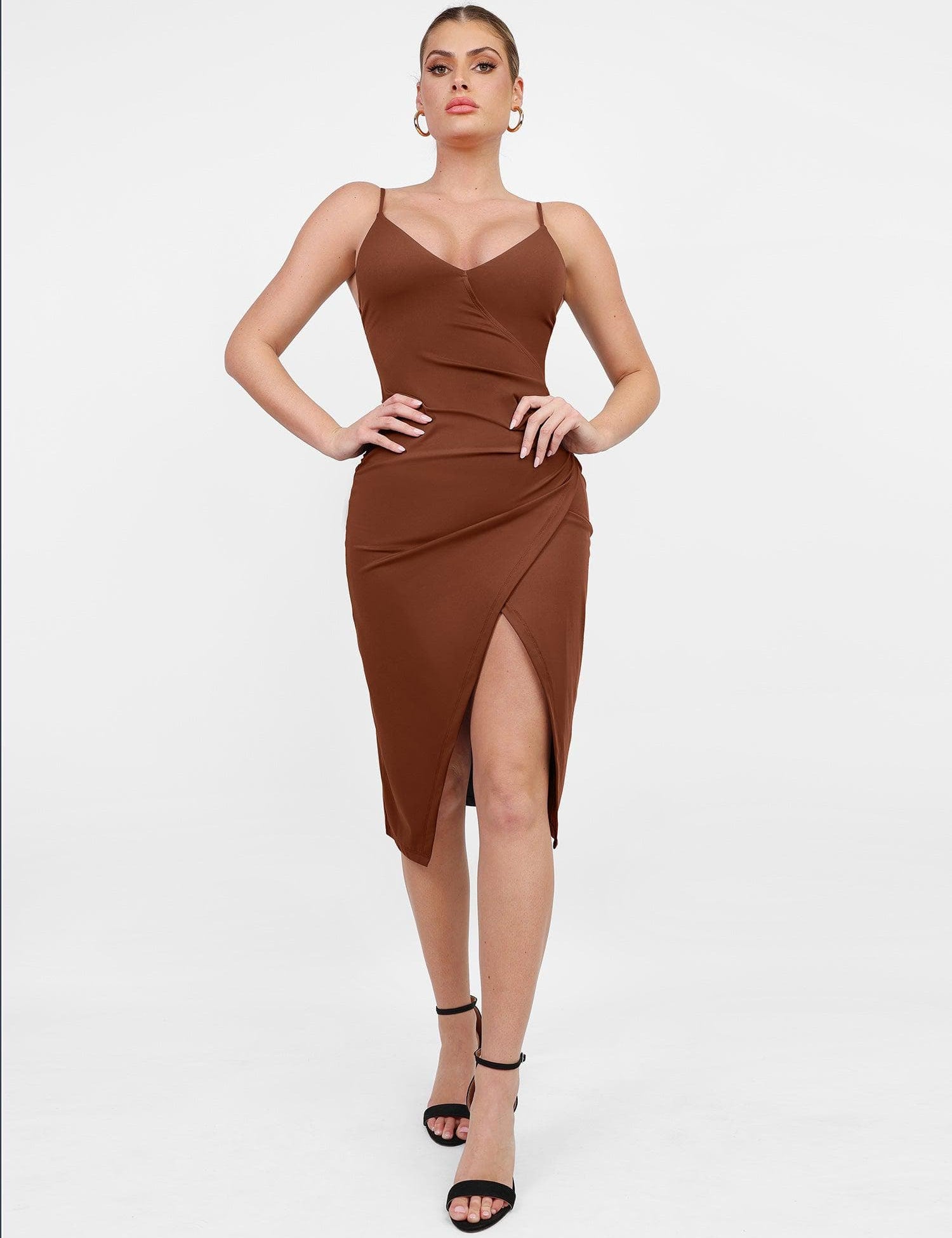 Popilush® Party Bodycon Summer Dress Built-In Shapewear Slip V-Neck Split Midi Dress