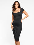 Bodycon black dress, square neck, Popilush®, perfect for a night out.