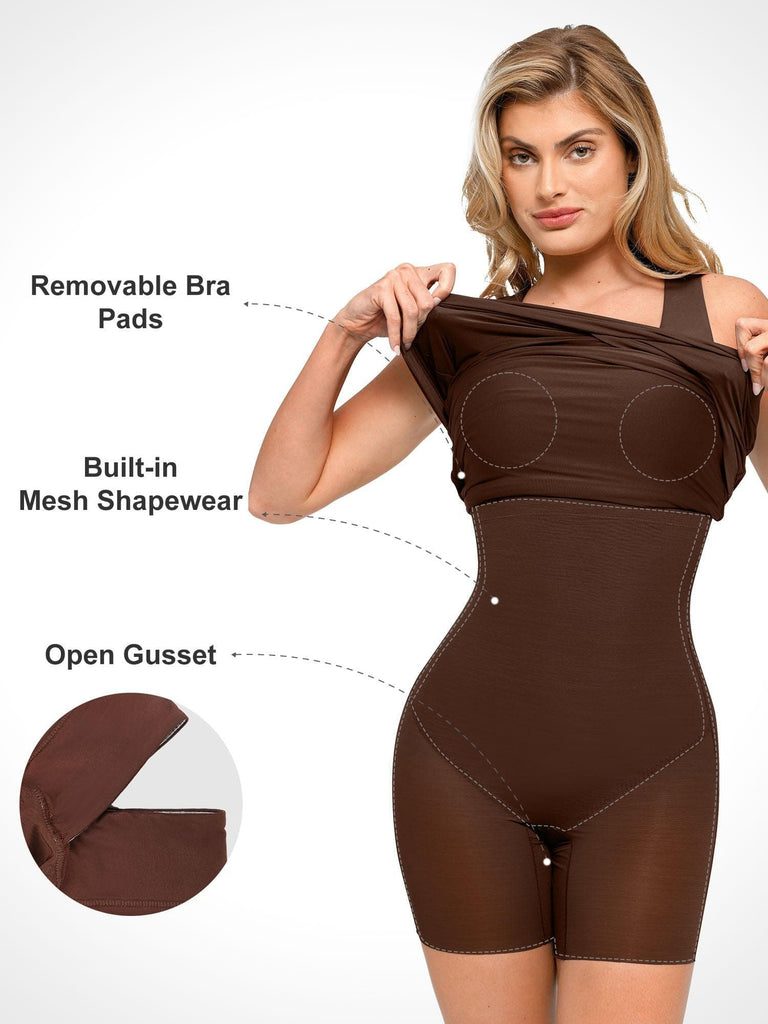 Popilush® Built-In Shapewear Square Neck Ruched Sleeveless Dress