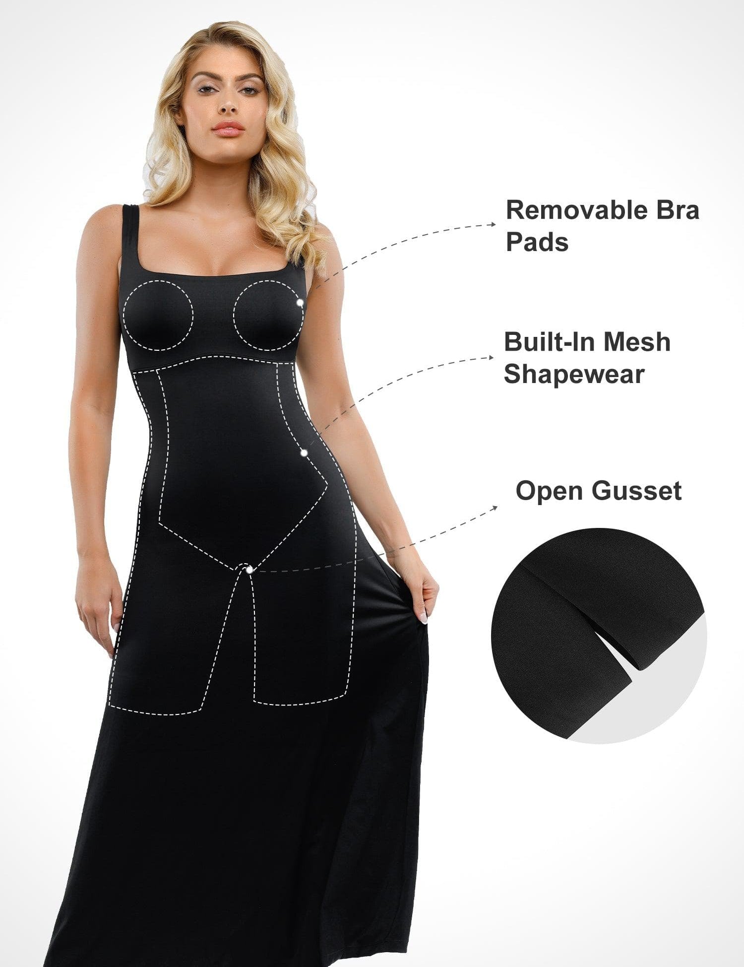 Popilush® Everyday Casual Dress Built-In Shapewear Square Neck Sleeveless Maxi Dress