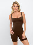 Brown square neck slimming mid-thigh workout romper with built-in shapewear.