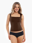Brown sleeveless tank top with square neckline and subtle logo, paired with black briefs.
