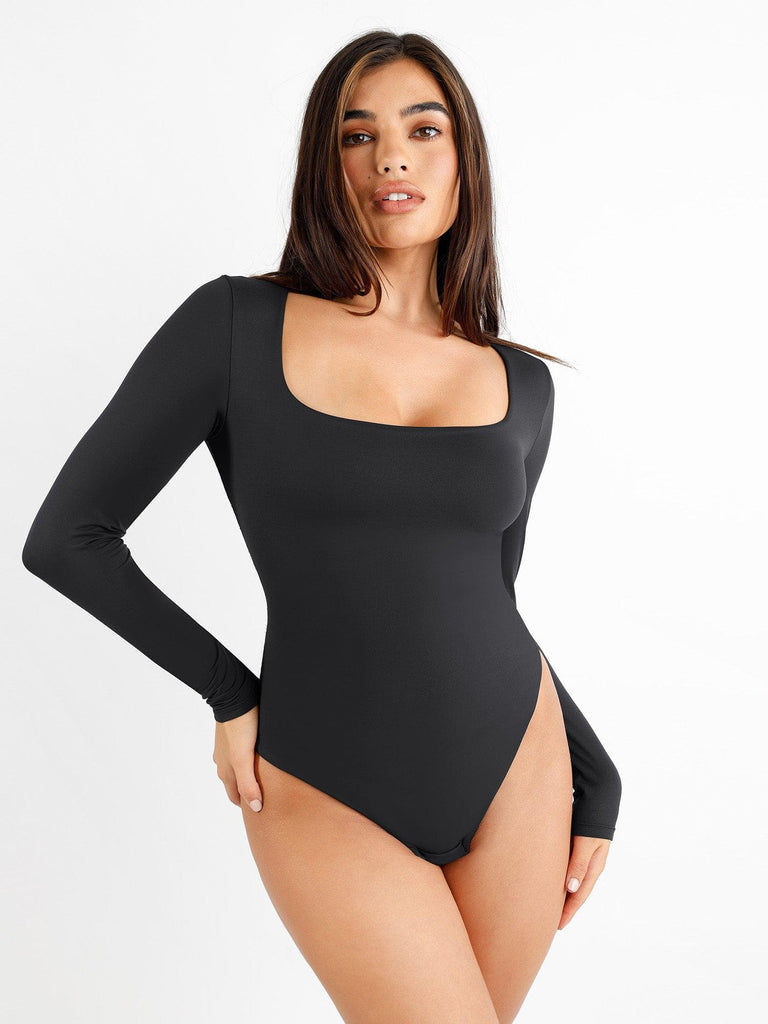 Popilush® Black / S Seamless Square-Neck Long-Sleeve Bodysuit