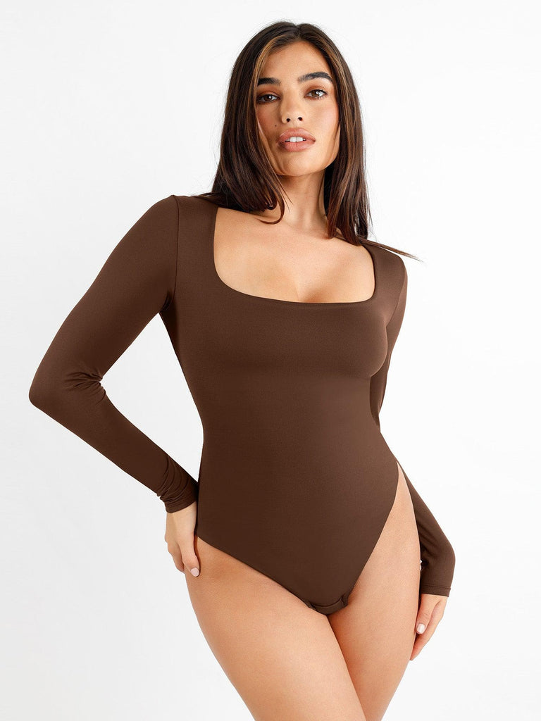 Popilush® Brown / S Seamless Square-Neck Long-Sleeve Bodysuit