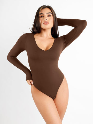 Seamless Long Sleeve Bodysuit for Women Tummy Control Shapewear Scoop Neck  Thong Jumpsuit Tops