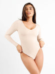 CloudSense beige seamless long sleeve V-neck sculpting bodysuit