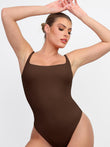 Popilush Cloudsense sculpting brown high-cut thong cami bodysuit with square neckline.