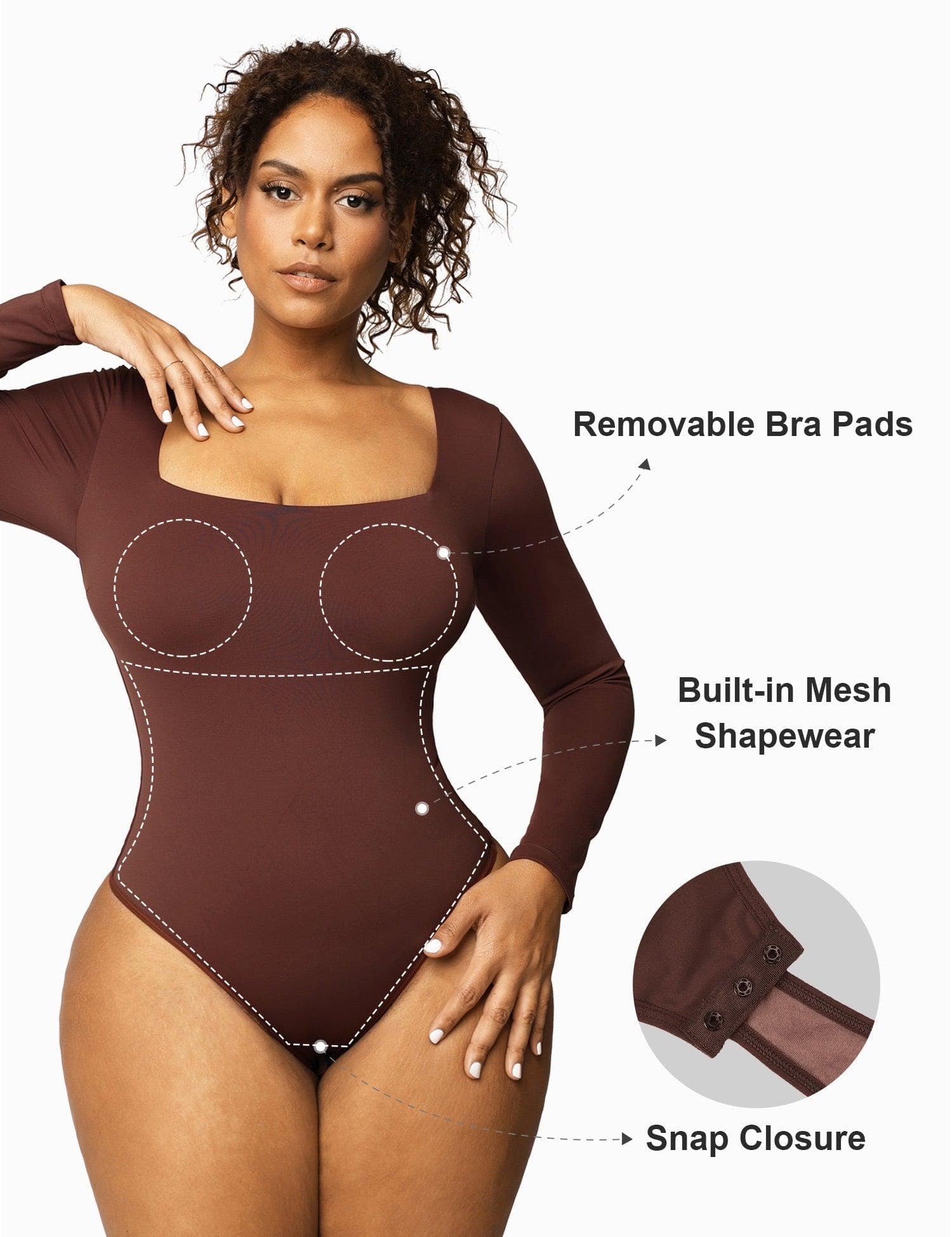 Popilush Tops Body Shaper Jumpsuit Contour Long Sleeve Square Neck Bodysuit