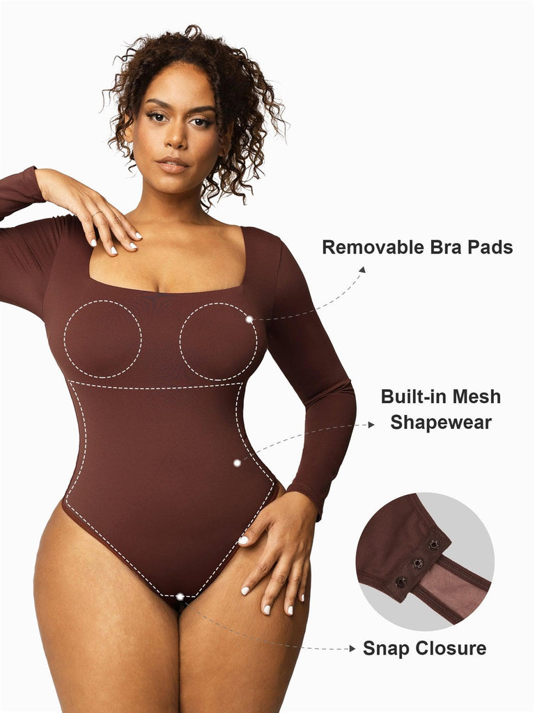 Popilush Tops Body Shaper Jumpsuit Contour Long Sleeve Square Neck Bodysuit